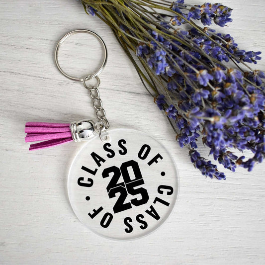 Class of 2025 graduation keychain with tassel, acrylic keepsake, gift for high school and college graduates.