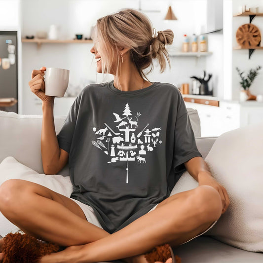 Unisex Canada Icons Maple Leaf T-Shirt with Canadian symbols; perfect for showcasing national pride.