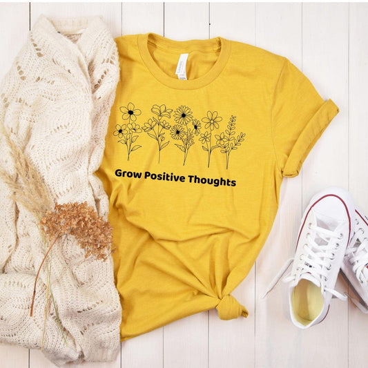 Purple LadyBug Decor Grow Positive Thoughts Shirt | Women Floral Print Tshirt | Kindness Shirt | Wildflower Shirt | Mental Health Shirt | Self Love Shirt |