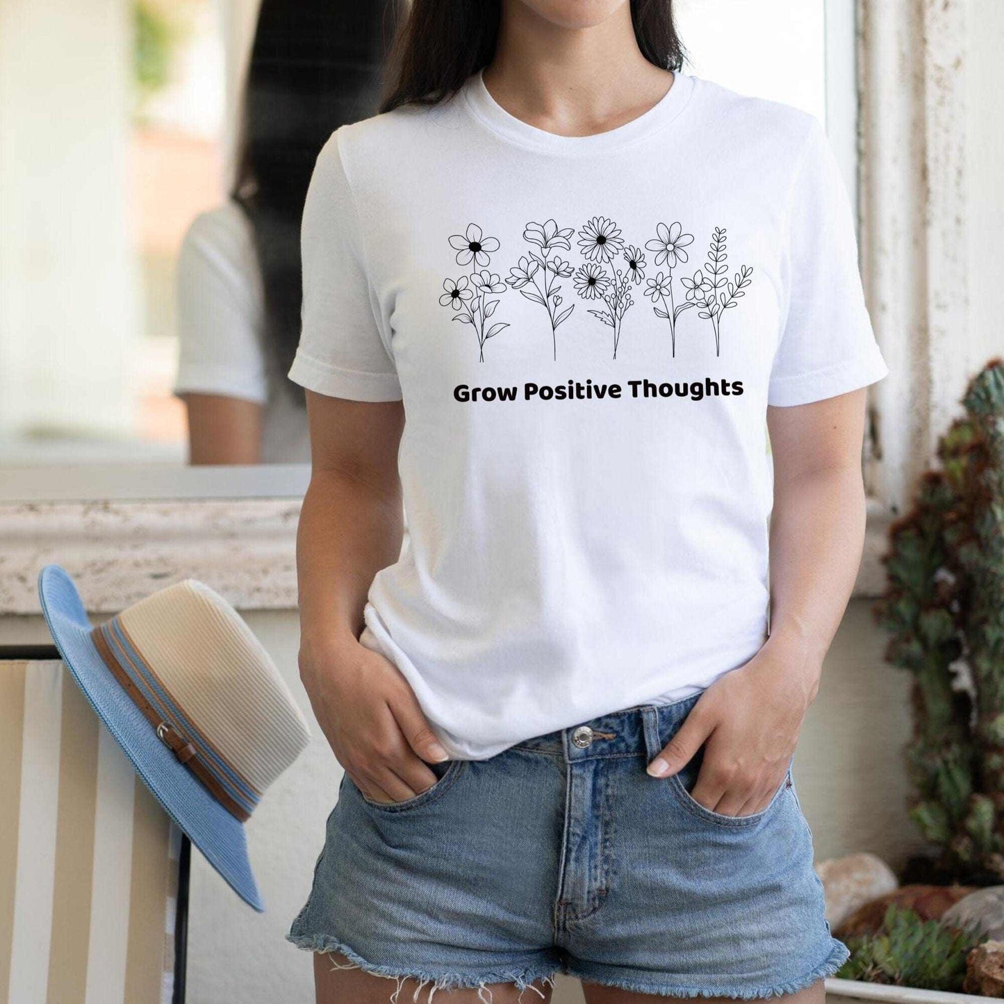Purple LadyBug Decor Grow Positive Thoughts Shirt | Women Floral Print Tshirt | Kindness Shirt | Wildflower Shirt | Mental Health Shirt | Self Love Shirt |