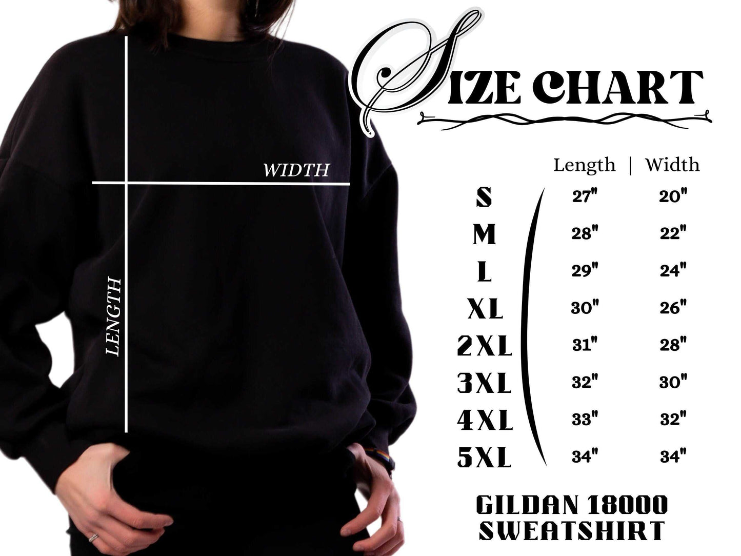Fishermen Love Fishing Embroidered Crewneck with size chart and measurements.