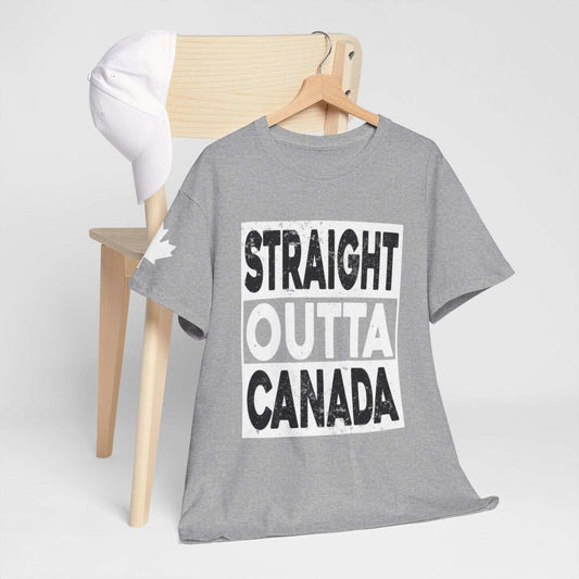 Canada Pride T-Shirt with "Straight Outta Canada" print displayed on a hanger against a light background, showcasing premium heavy cotton fabric ideal for patriotic occasions.