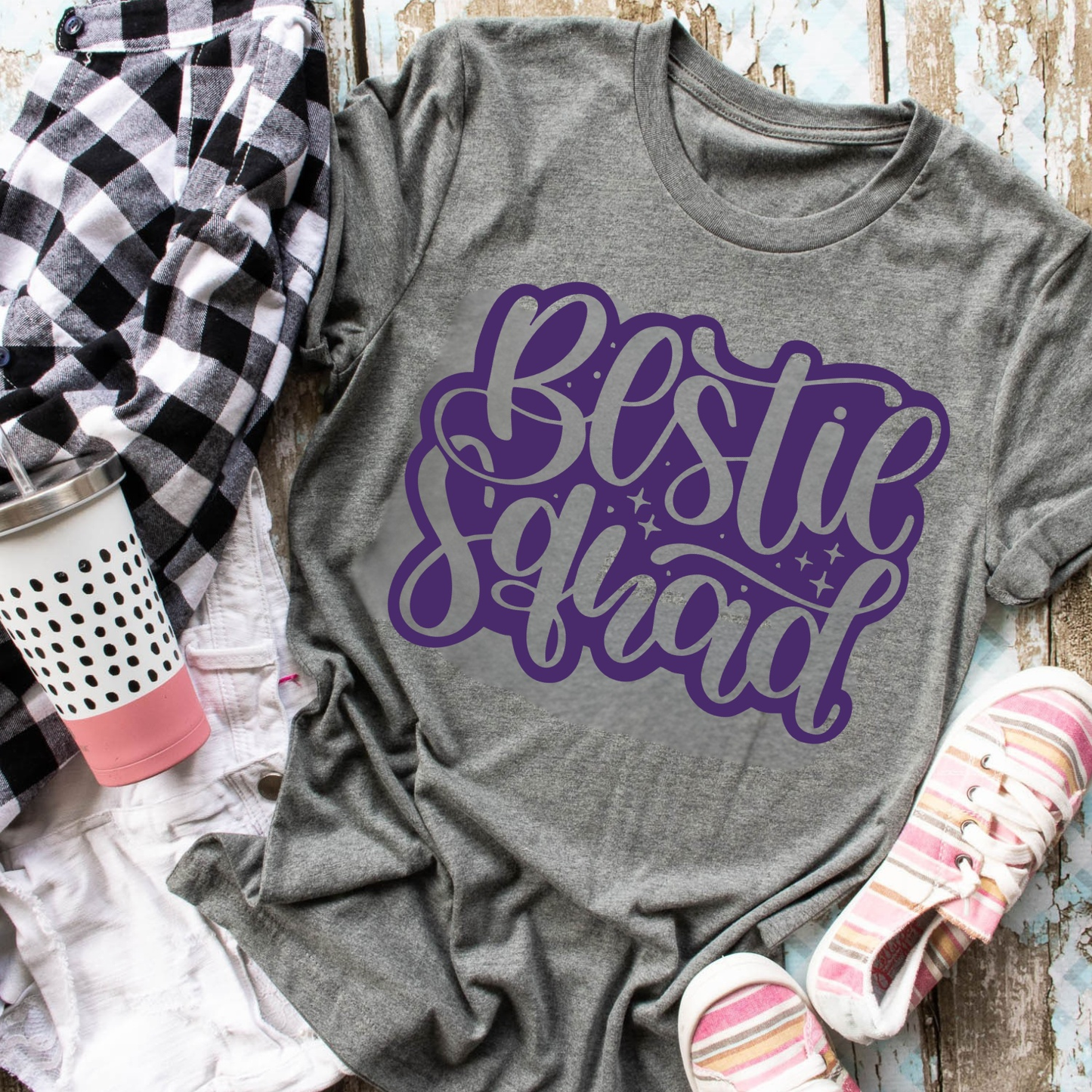 Bestie Squad Tee Shirt in grey with purple lettering, 100% cotton, perfect for matching with friends.