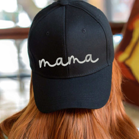 Mama embroidered personalized baseball cap for moms, customizable cotton drill hat with adjustable fit.