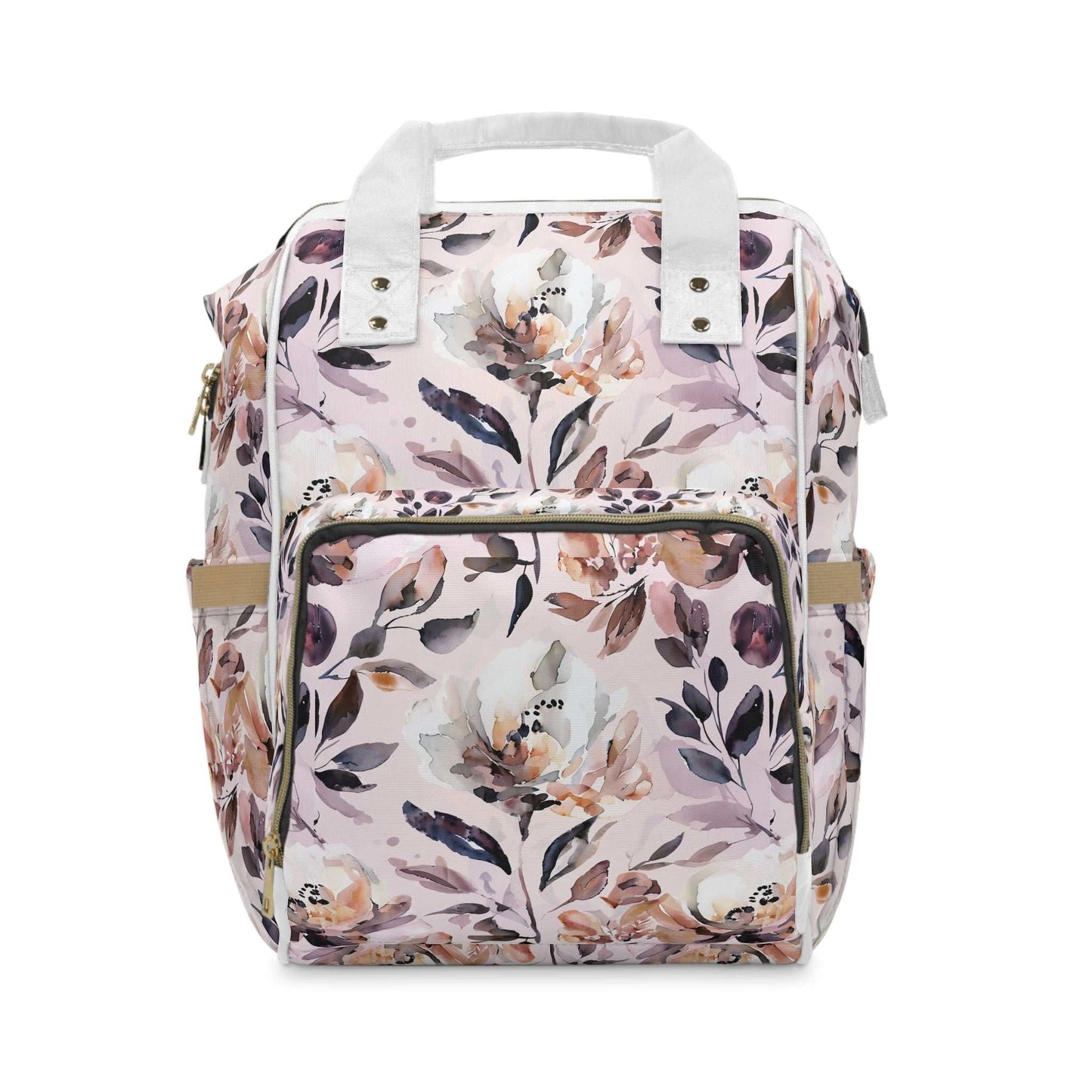 Floral diaper bag backpack with pink watercolor design, ideal for new moms.