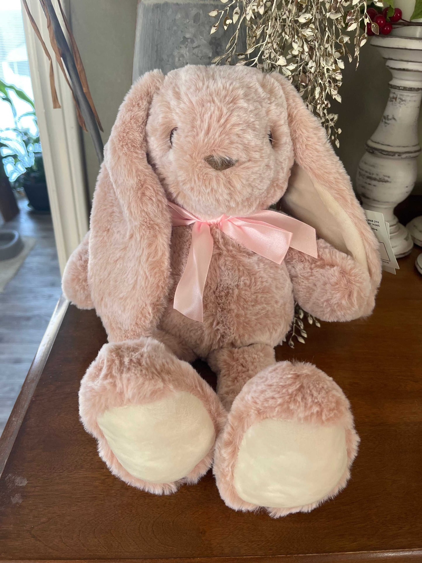 15" personalized bunny plush with custom embroidered name on ear, soft and machine washable; ideal for kids and special occasions.