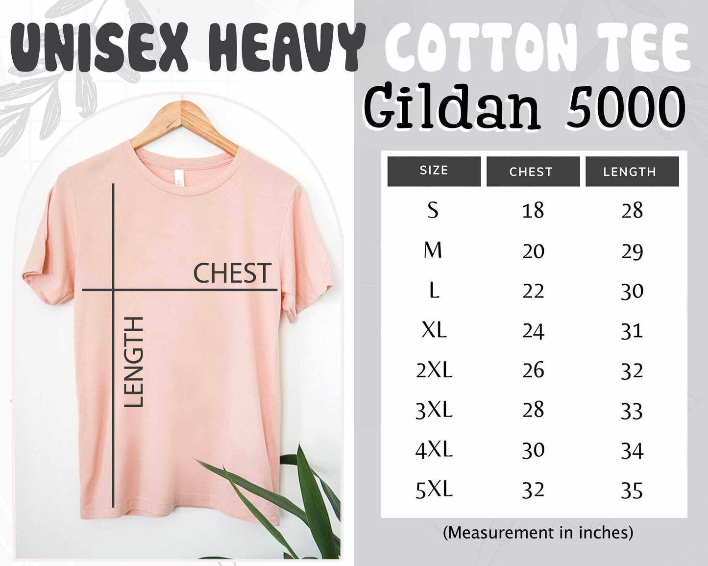 Light pink unisex heavy cotton tee with size chart for chest and length measurements in inches