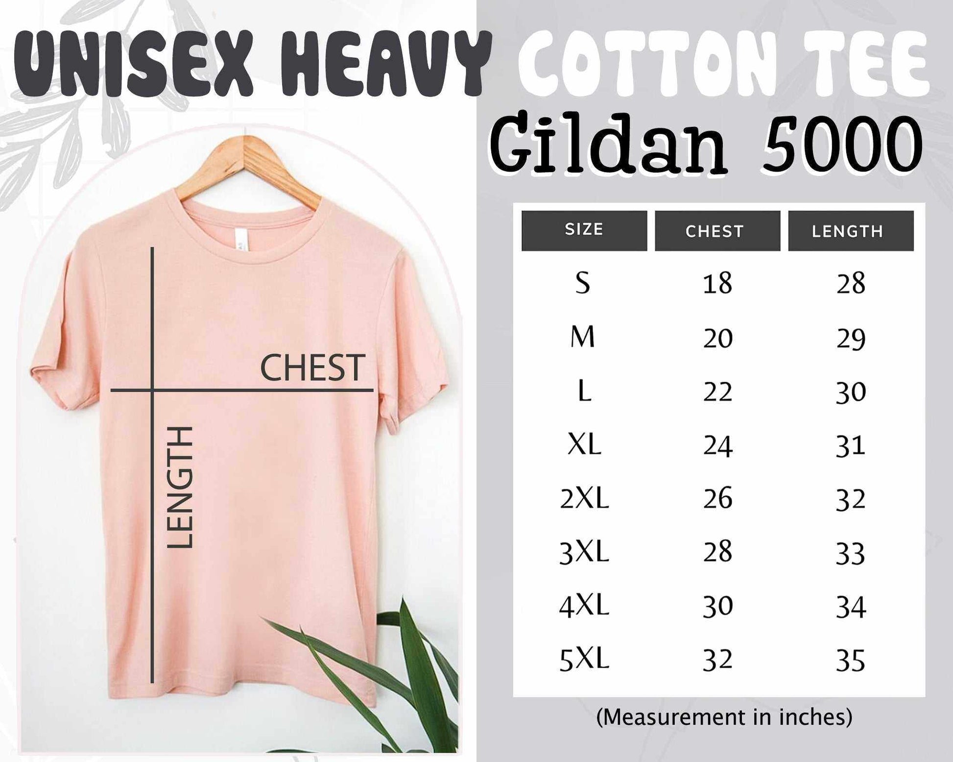 Light pink unisex heavy cotton tee with size chart for chest and length measurements in inches