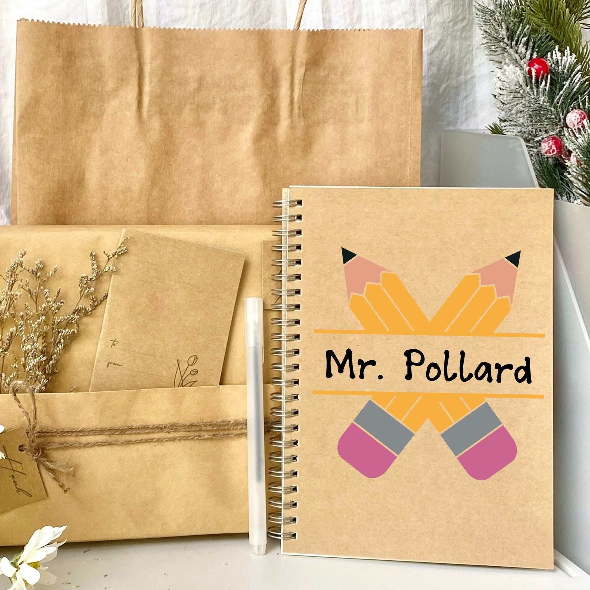 Personalized spiral notebook with pencil design for teachers, kraft cover, 8.3 x 5.5 inches.