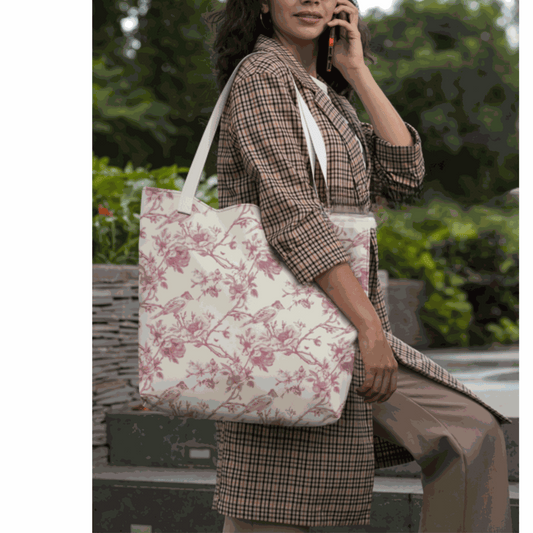 Pink Toile Tote Bag with floral design, reusable multi-purpose canvas bag for everyday use.