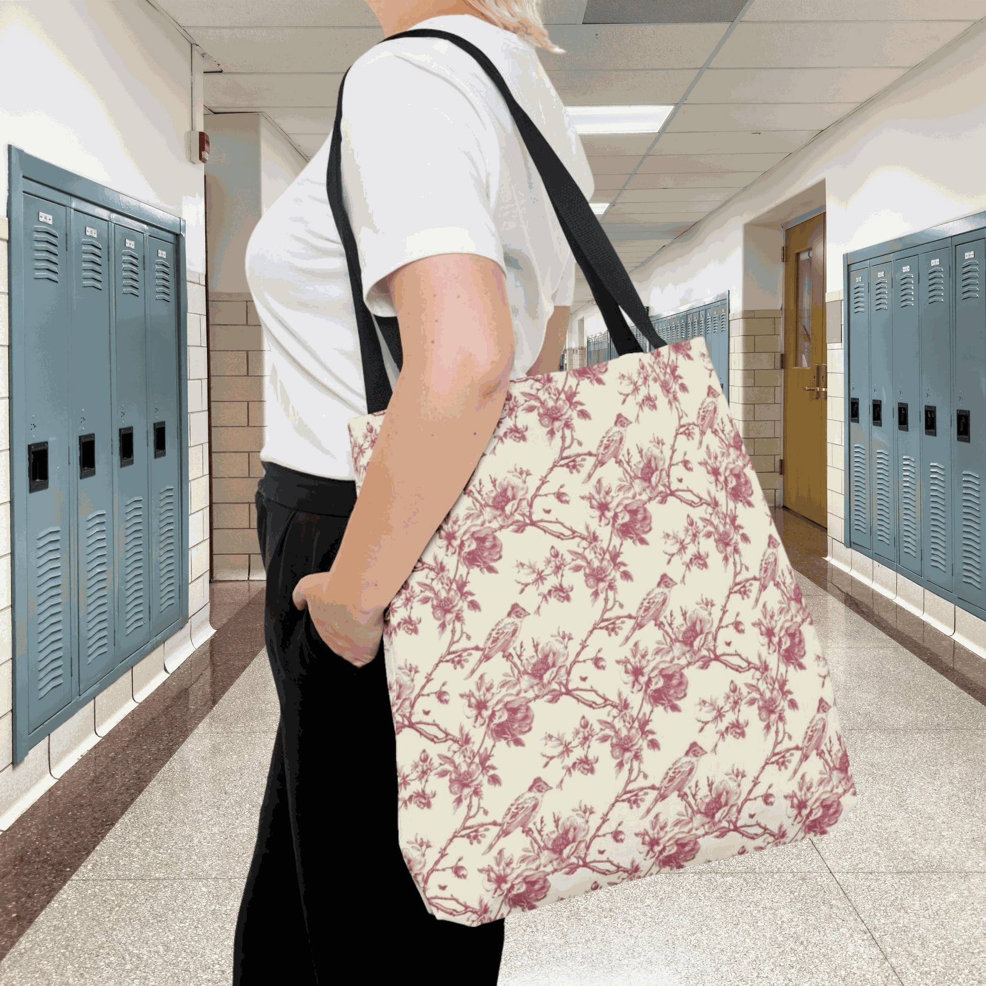 Pink Toile Tote Bag, multi-purpose reusable canvas with floral design, durable 18" x 18", black cotton handle.