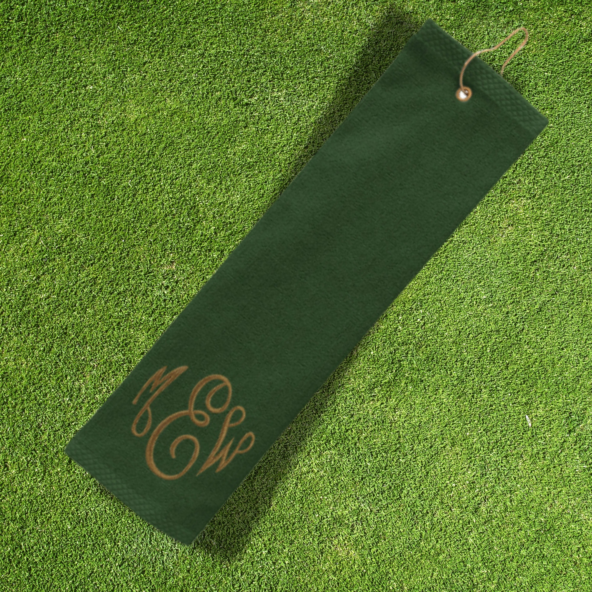 Personalized green golf towel with monogram embroidery and hook, 100% cotton terry cloth.