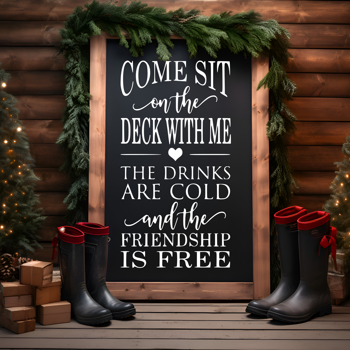 Handmade wood sign with "Come Sit on the Deck with Me" text, framed in rustic pine, measuring 12x24 inches.