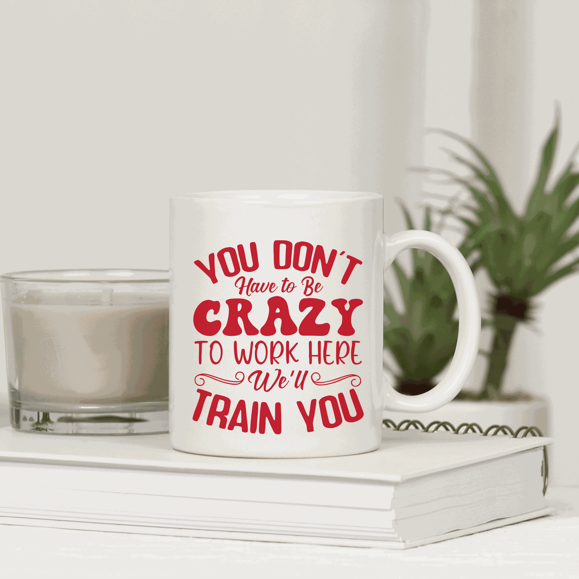 Ceramic mug with "You Don't have to be Crazy to work here, We will train you" in red text, holds 15 ounces.