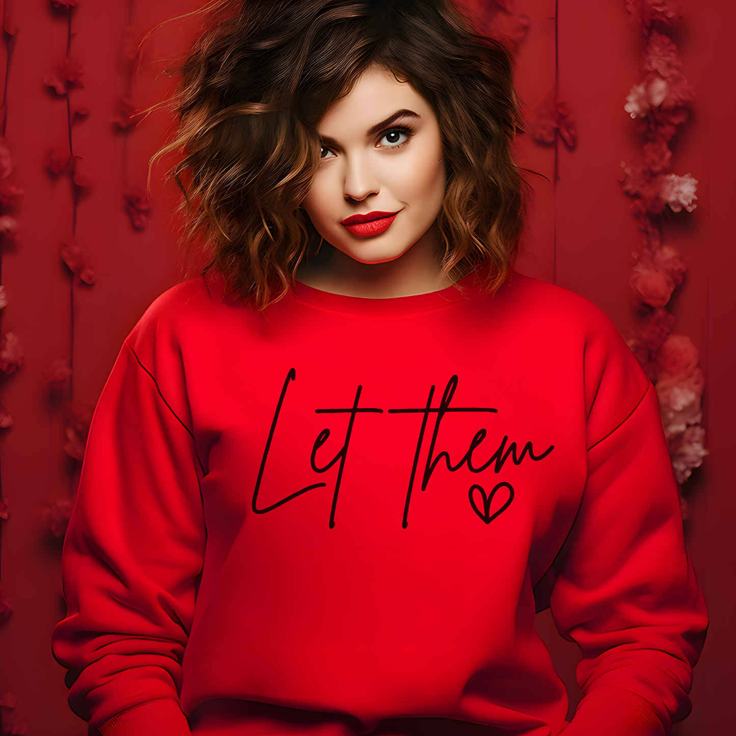 Red sweatshirt with "Let Them" in handwritten script and heart accent.