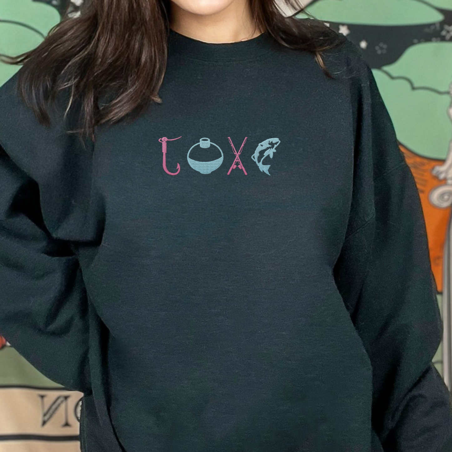 Unisex embroidered crewneck sweater with fishing-themed design, featuring soft midweight fleece fabric.