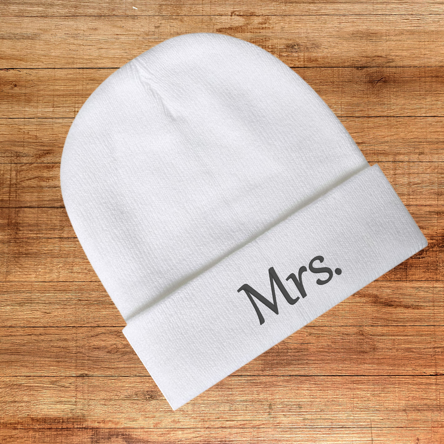 White "Mrs." embroidered beanie with folding cuff, perfect for couples and newlyweds.