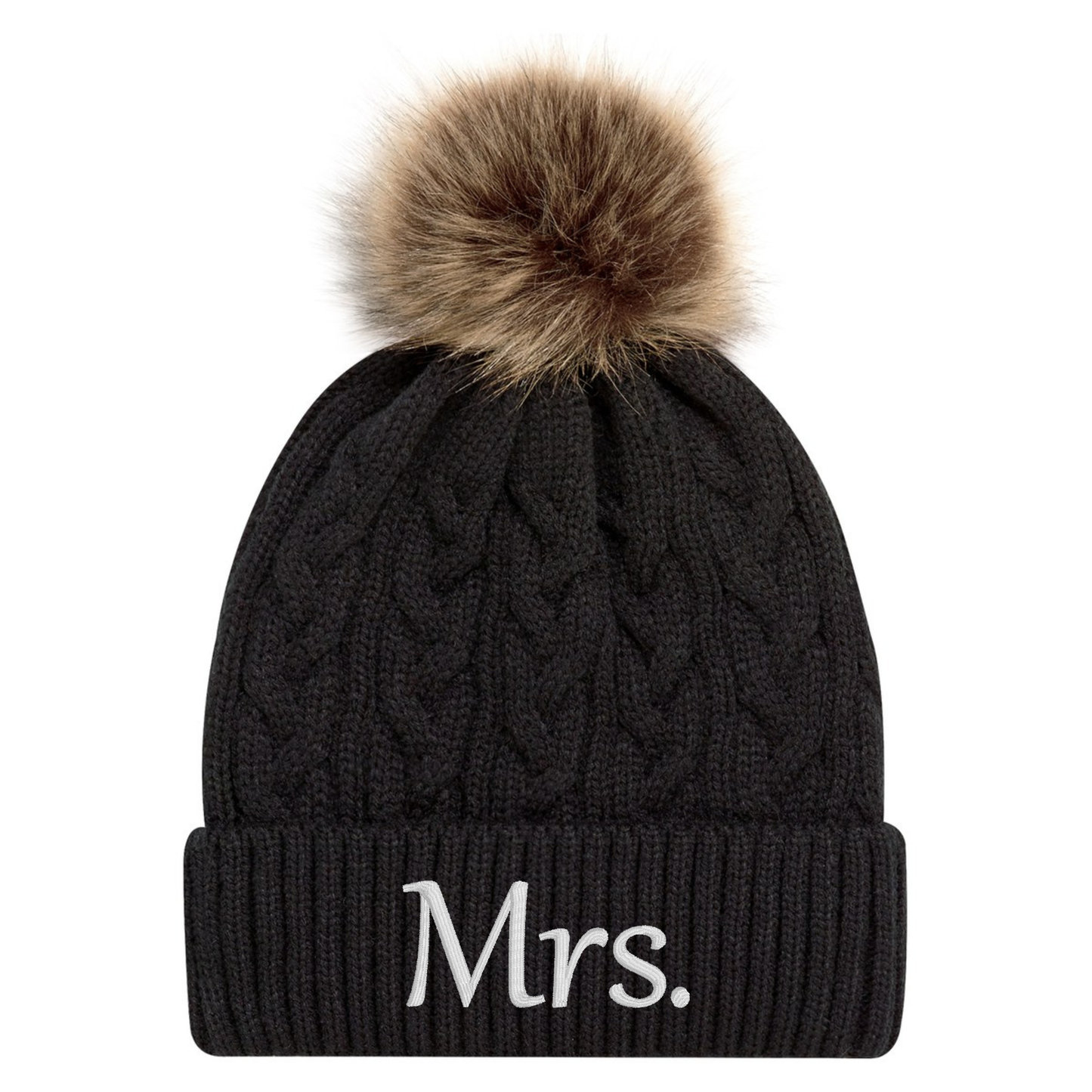 Mrs. embroidered black knit beanie with faux fur pom pom, warm winter hat for couples.