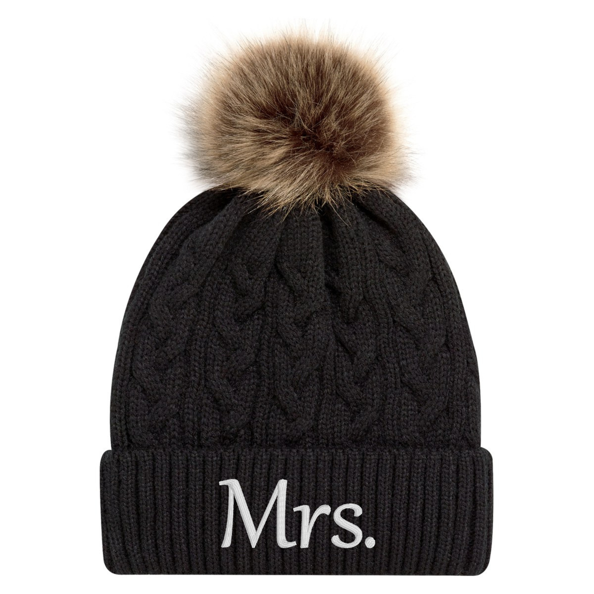 Mrs. embroidered black knit beanie with faux fur pom pom, warm winter hat for couples.