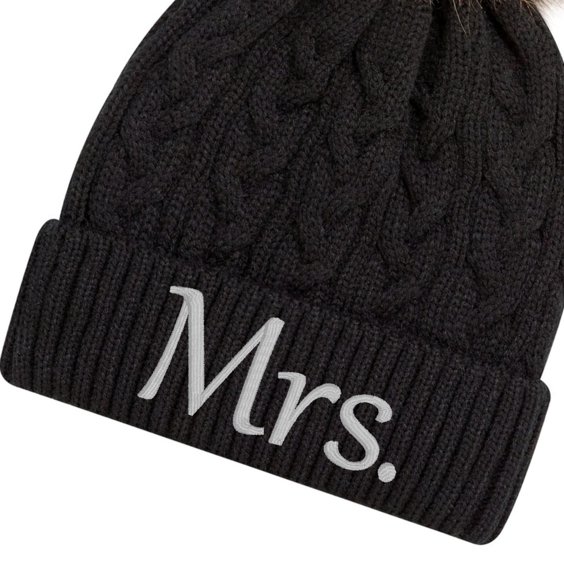 Mrs. embroidered beanie in black knit with cuff and faux fur pom pom, perfect winter gift for couples.