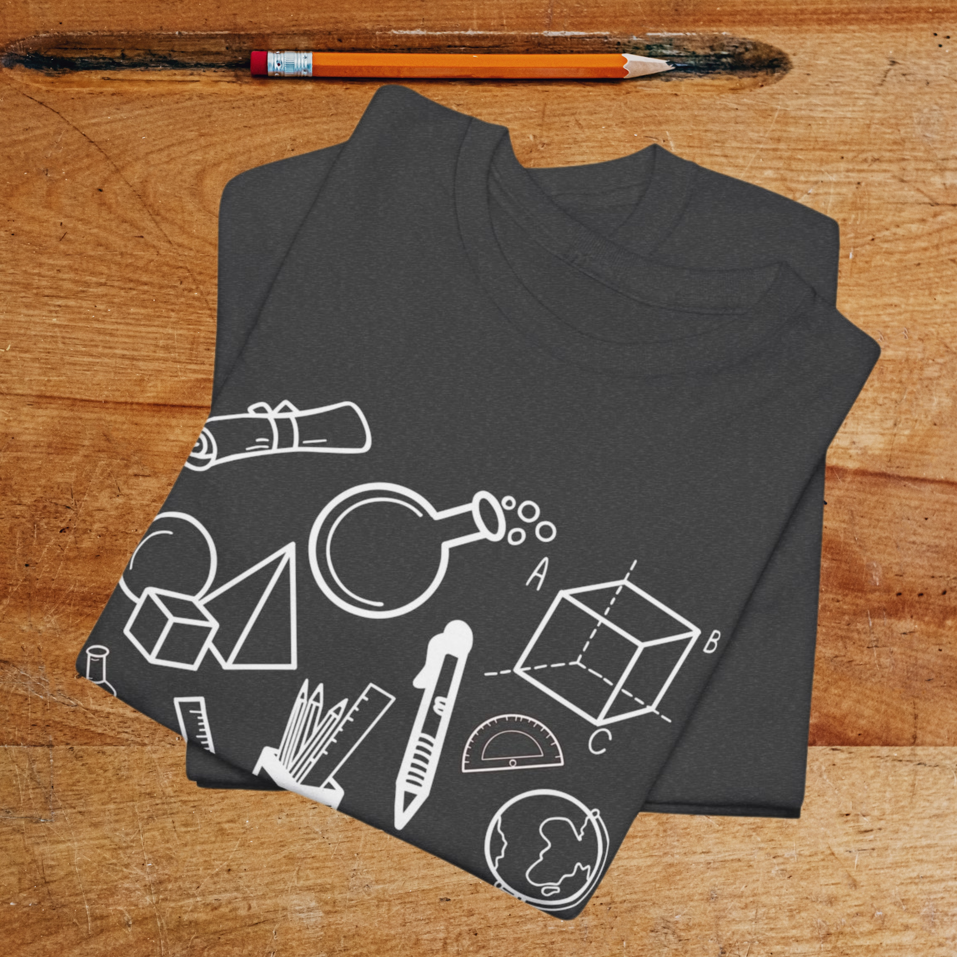 Trending teacher shirt with STEM science and math doodles, perfect gift for educators.