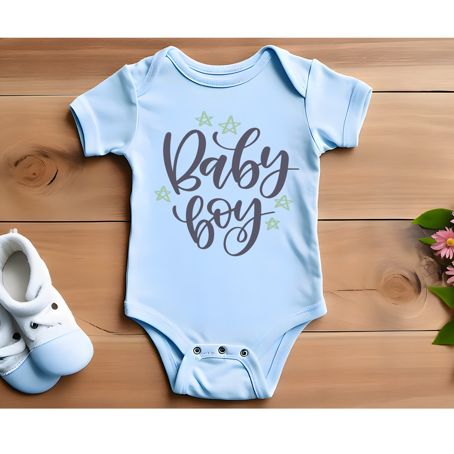 Customizable baby onesie with "Baby Boy" design on a wooden table.