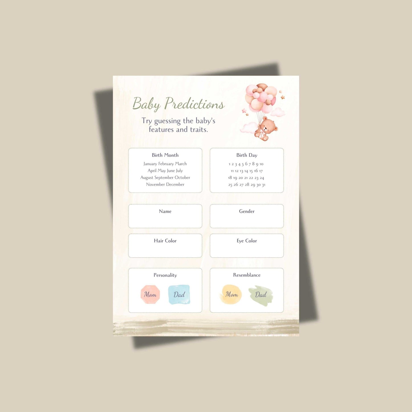 Printable baby shower games bundle featuring gender-neutral teddy bear balloon designs.