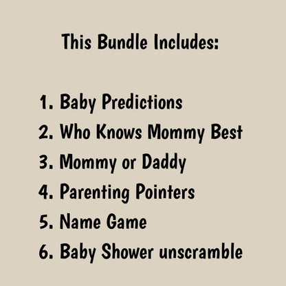 Printable baby shower games bundle featuring 6 fun activities including Baby Predictions and Name Game, ideal for gender-neutral celebrations.