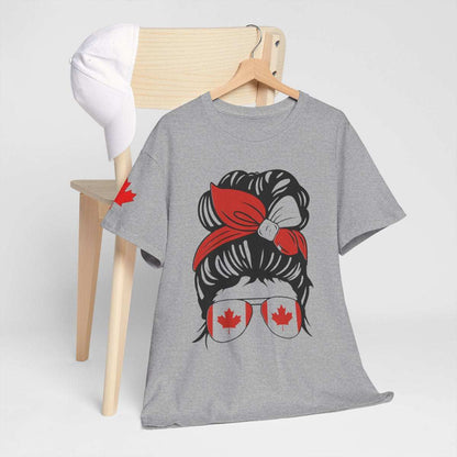 Canada-inspired unisex heavy cotton tee with bold graphic design featuring red bandana and maple leaf sunglasses, perfect for Canada Day and casual wear.
