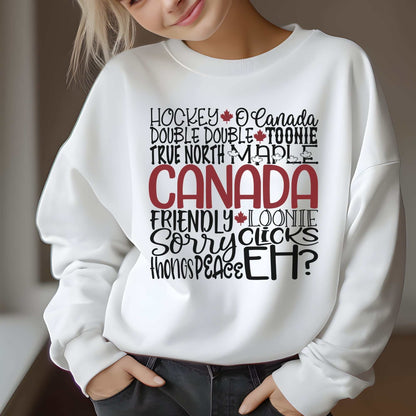 Cozy unisex fleece sweatshirt with Canada-themed word art design.