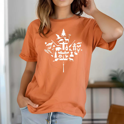Unisex Canada icons maple leaf t-shirt with bold red design featuring Canadian imagery.