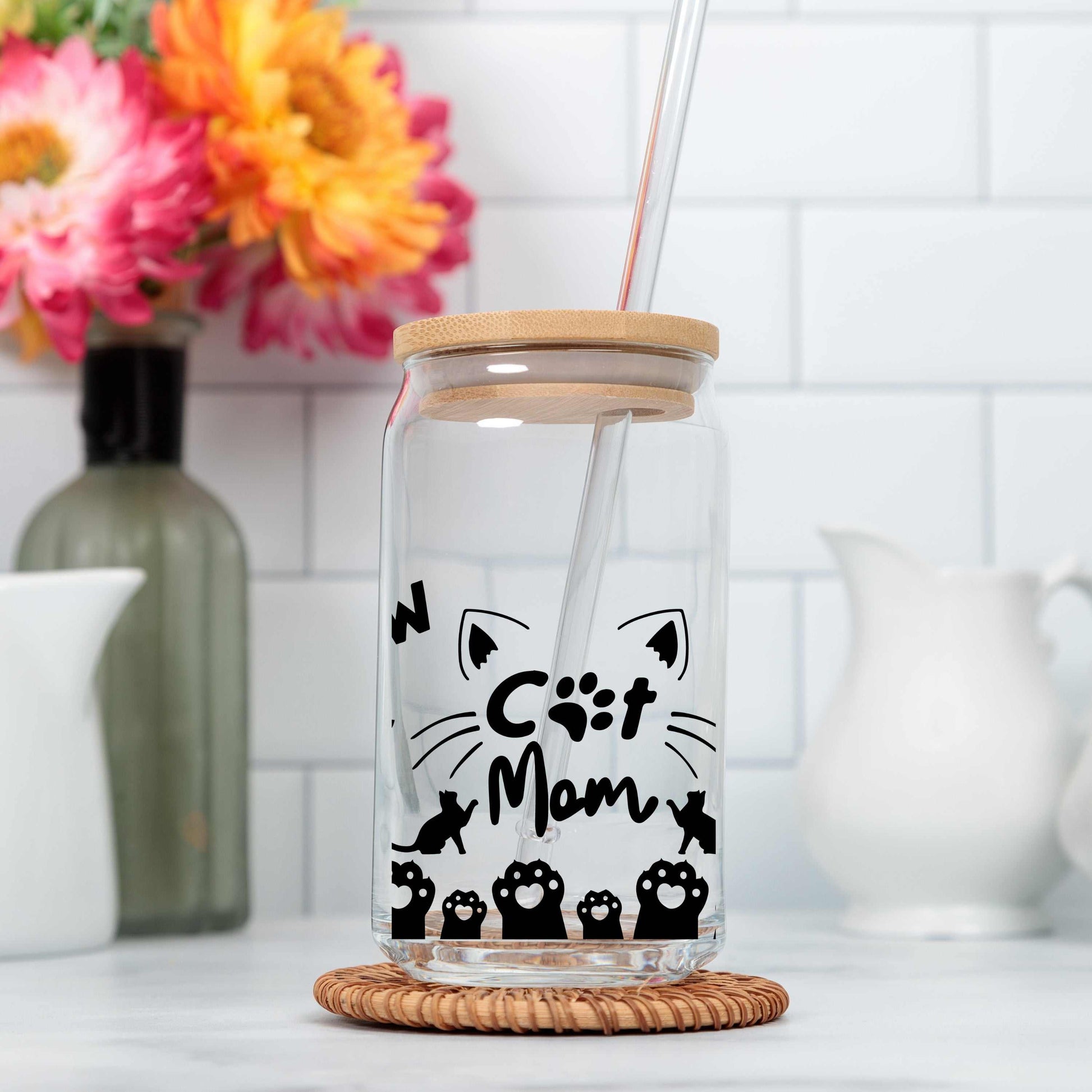Cat Mom glass can soda cup with bamboo lid and reusable straw, featuring playful black cat-themed designs.