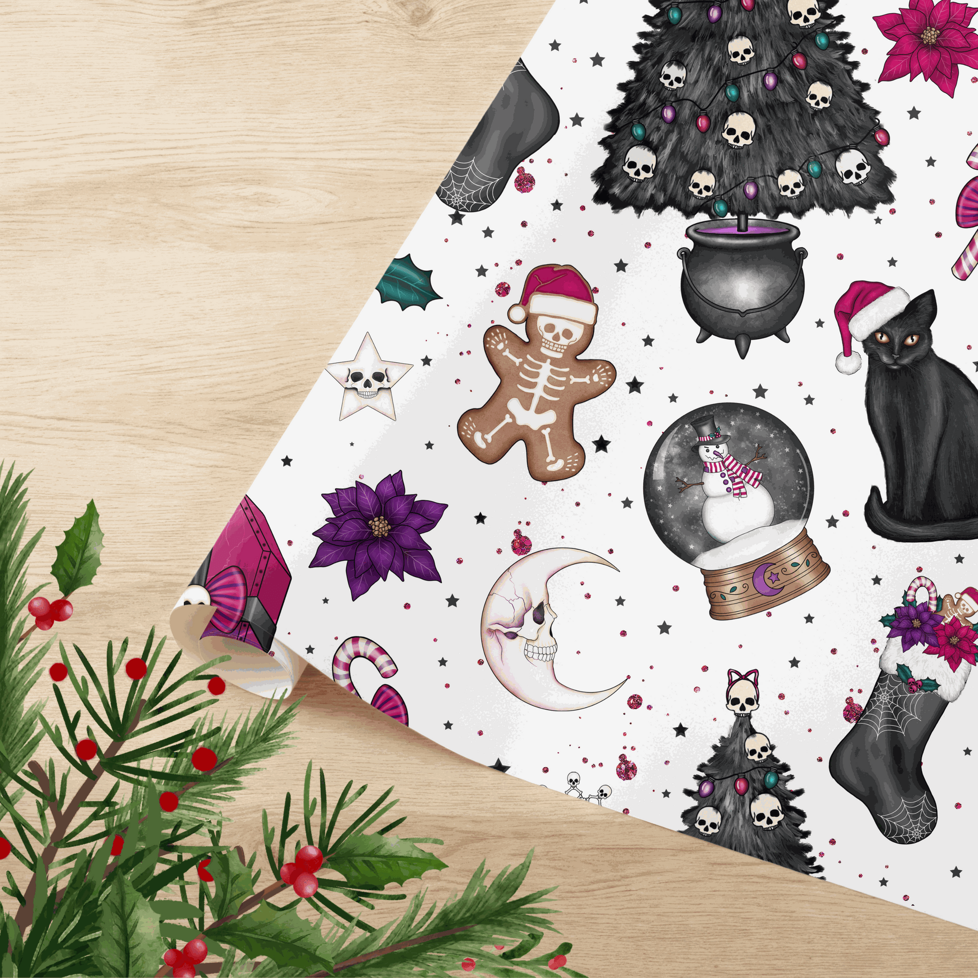 Gothic Style Christmas Wrapping Paper with Black Cat design featuring spooky holiday elements.