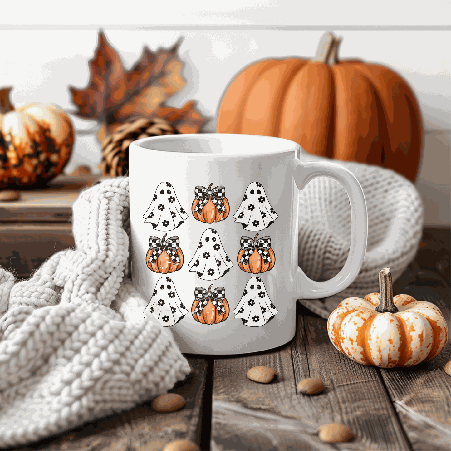 Halloween ghost pumpkin bow ceramic coffee mug with festive design.