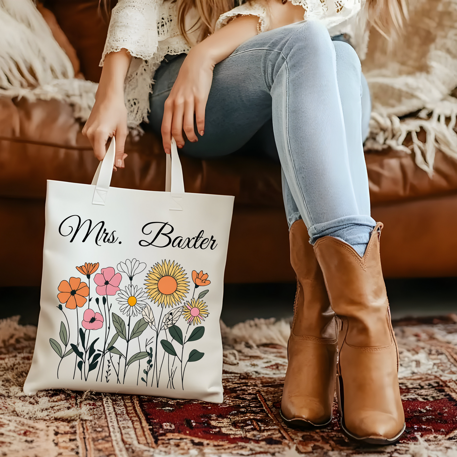 Personalized wildflower tote bag with teacher's name, made from eco-friendly cotton canvas, featuring a charming floral design.