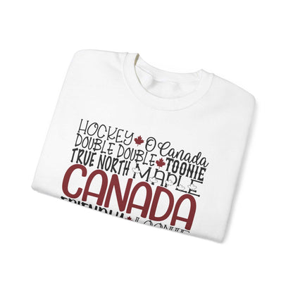 Canada word art fleece sweatshirt featuring artistic collage of Canadian themes. Unisex, cozy, perfect for Canada Day, gifts, and everyday wear.