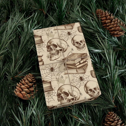 Spooky library Halloween party gothic wrapping paper with skulls and books, eco-friendly and vibrant.