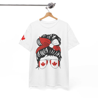 Canada-inspired unisex cotton tee with graphic of red bandana and maple leaf sunglasses, perfect for Canada Day.