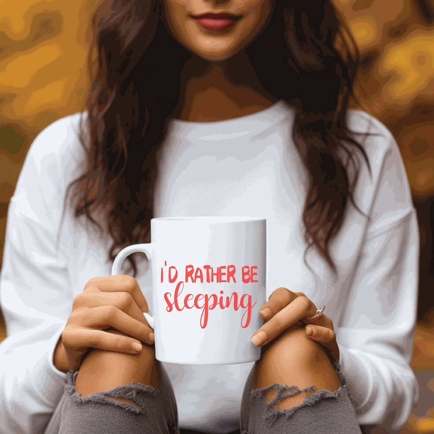 Ceramic mug with "I'd Rather Be Sleeping" quote, customizable colors, 15 oz capacity.