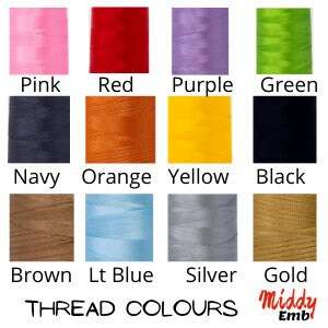 Thread color options for personalized embroidered golf towel, including pink, red, purple, green, navy, orange, yellow, black,