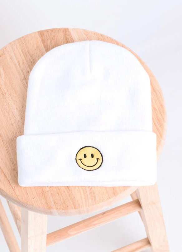 Happy Face Embroidered Beanie | Winter Hat