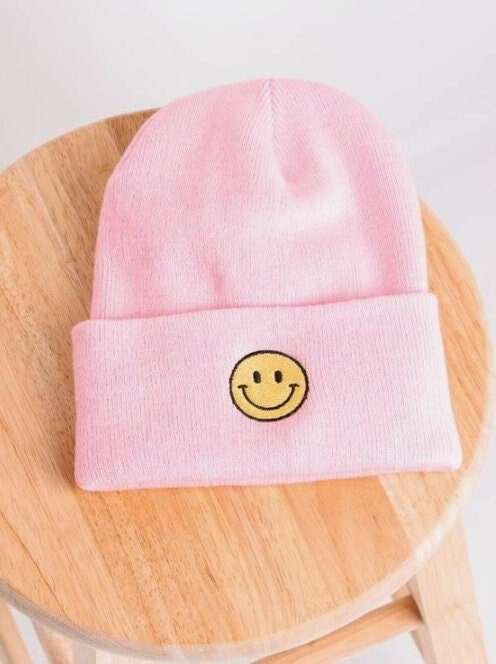 Happy Face Embroidered Beanie | Winter Hat