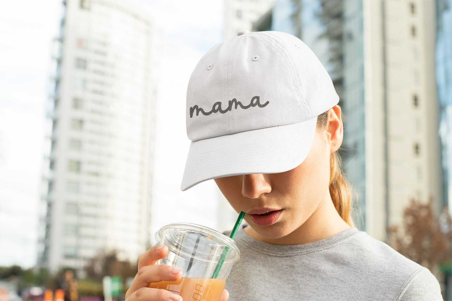 Personalized embroidered "Mama" baseball cap in white with custom color options.