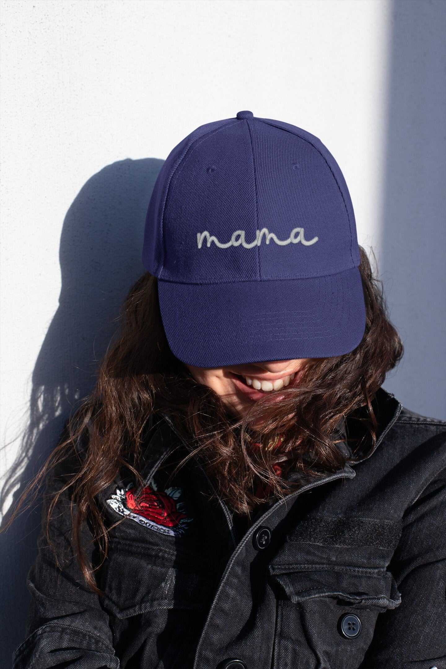 Navy blue "Mama" embroidered baseball cap with personalized options.