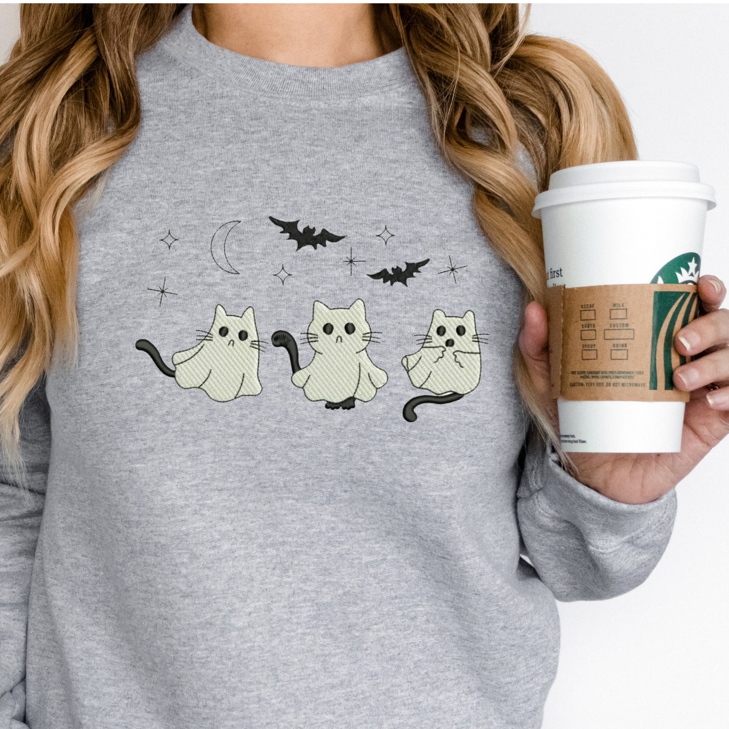 Embroidered Cat Ghost Sweatshirt Halloween