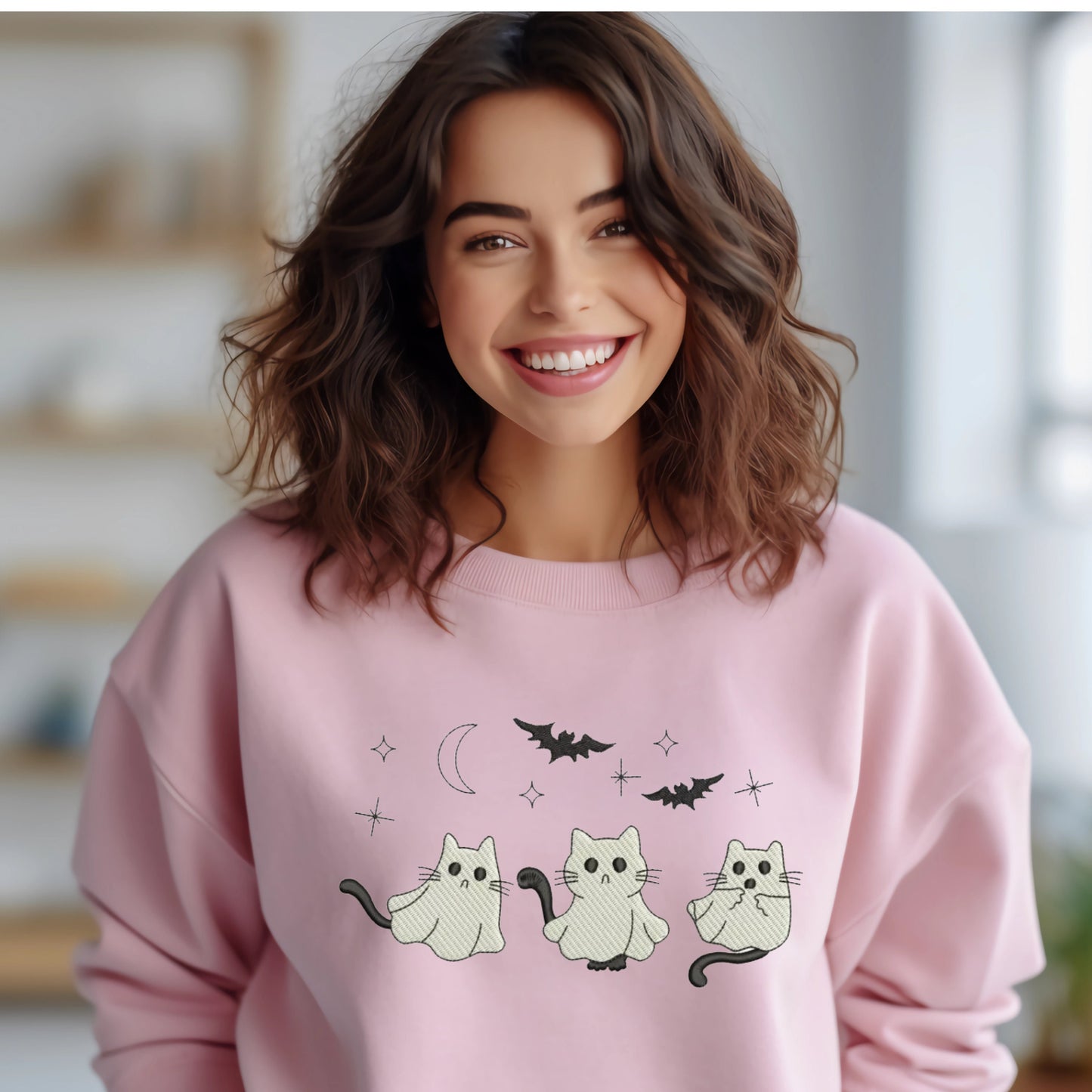 Embroidered Cat Ghost Sweatshirt Halloween