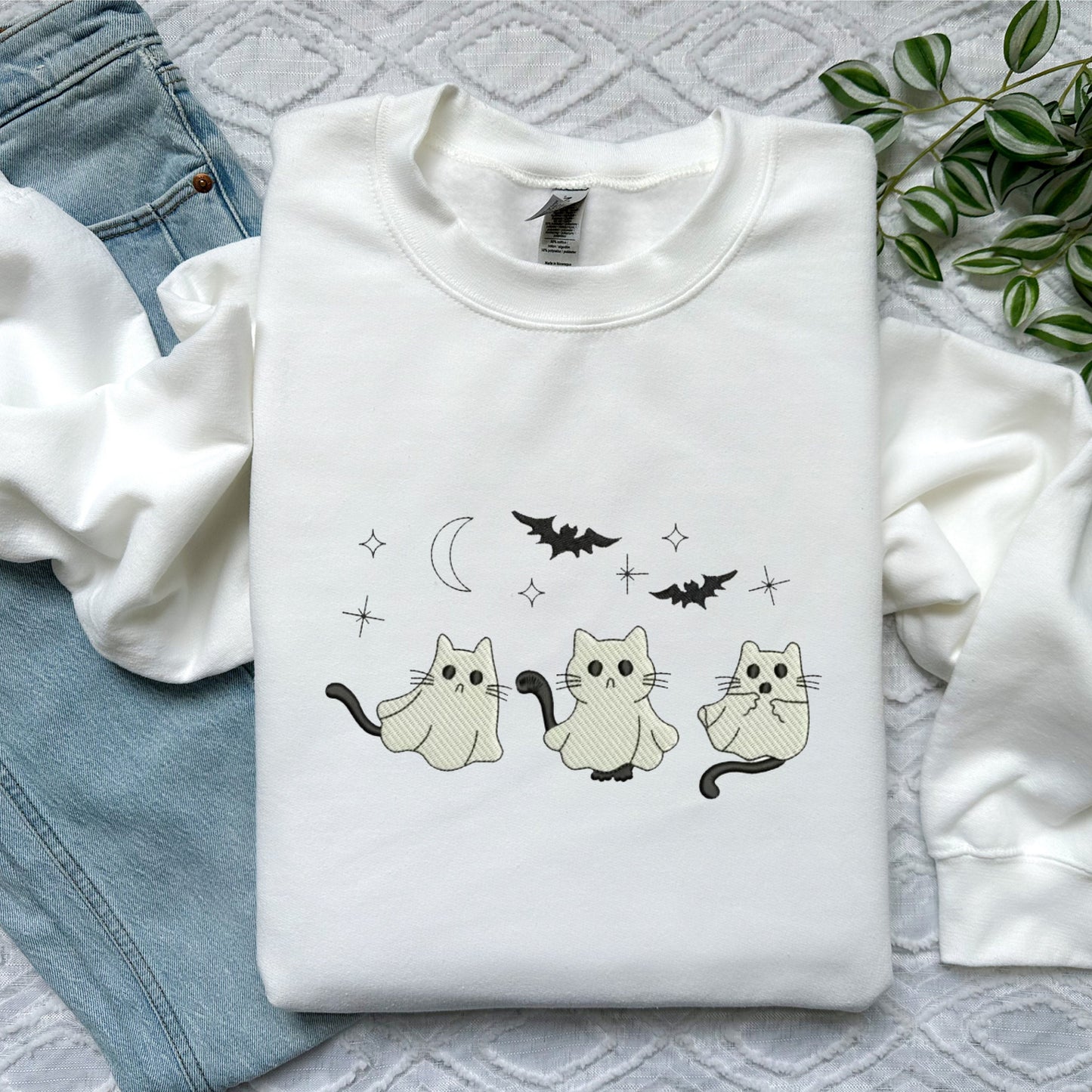 Embroidered Cat Ghost Sweatshirt Halloween