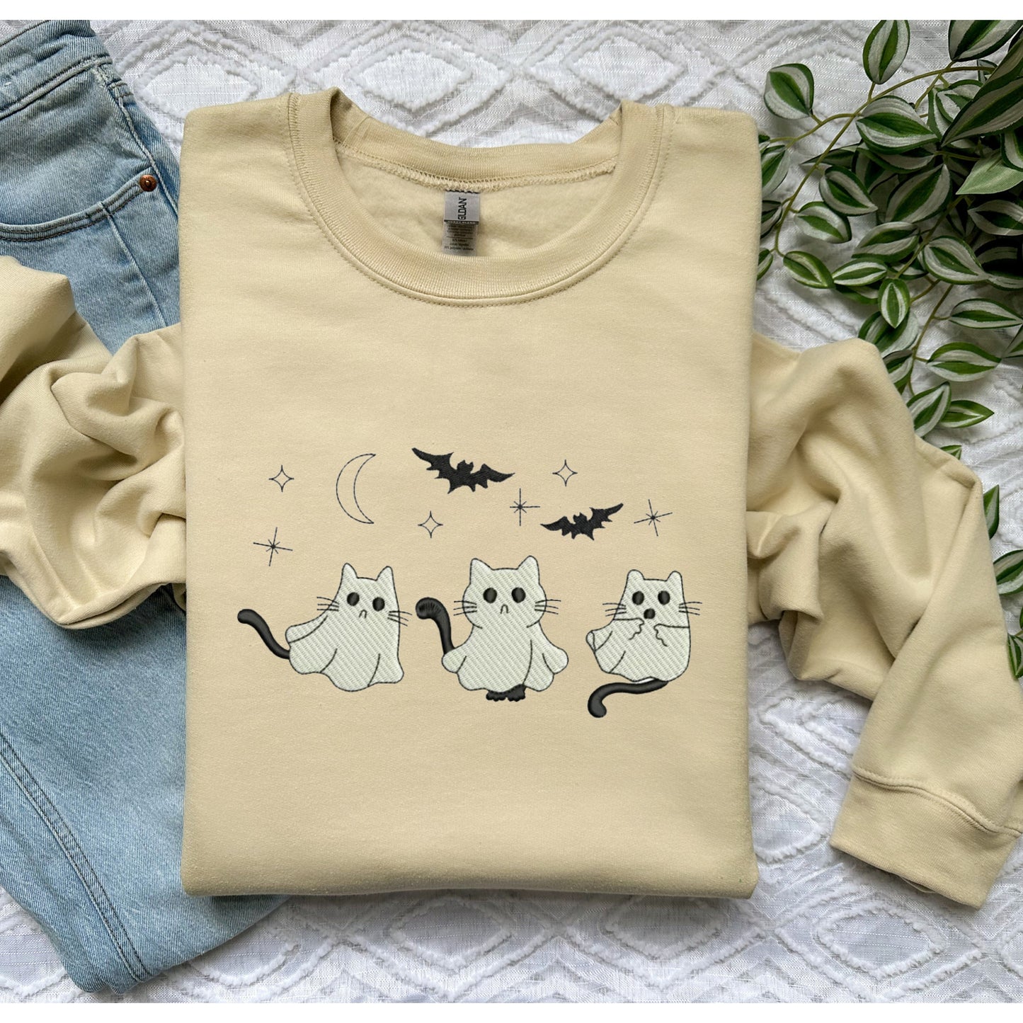 Embroidered Cat Ghost Sweatshirt Halloween