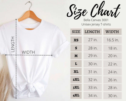 White Bella and Canvas unisex Canada Day celebration shirt with size chart on a hanger.