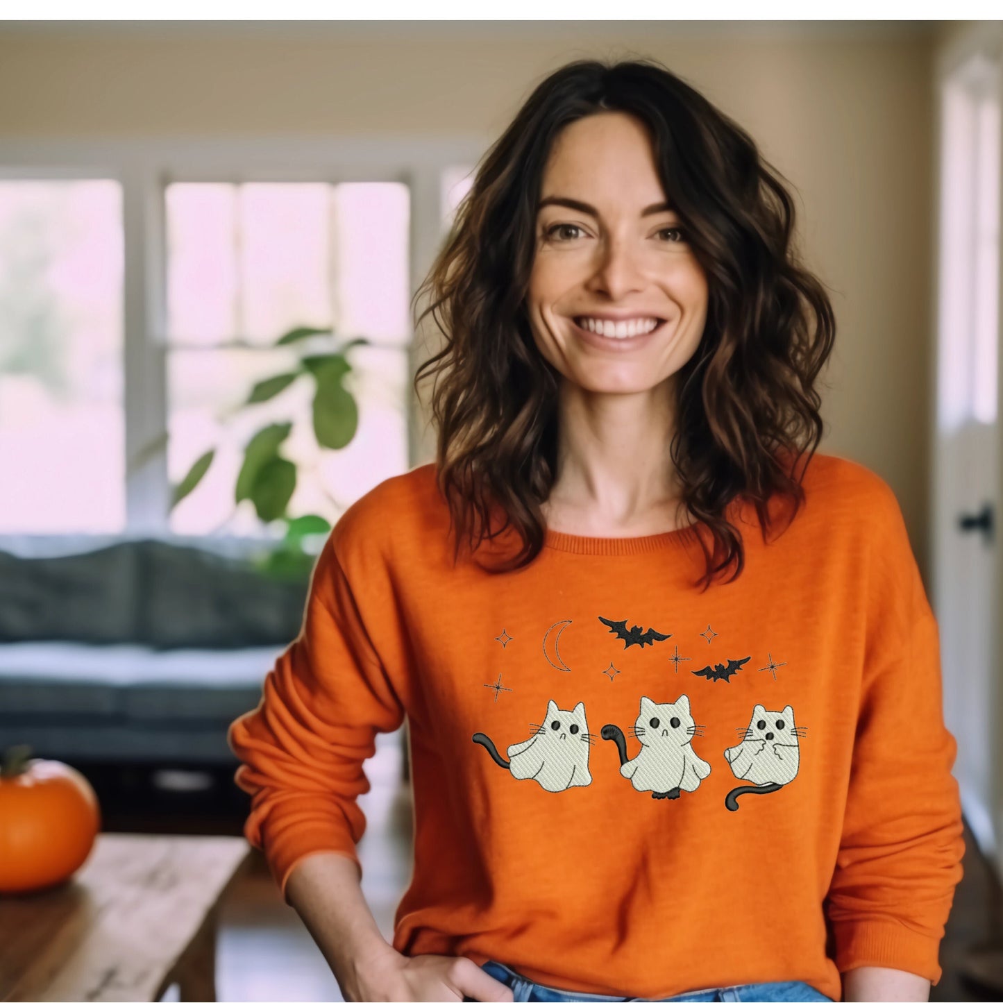 Embroidered Cat Ghost Sweatshirt Halloween